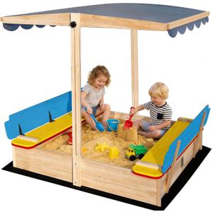 Wooden Sandbox with Cover Lid Adjustable Canopy Foldable Bench Seat Bottom Liner Large Sand Pit Aged 3-12 Outdoor 48x48 Inch Sand Box for Patio Garden Backyard Multicoloured