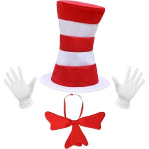 Top Hat Cat Costume Kit Accessory for Adults Red and White Striped Stovepipe Hat Gloves Bow Tie for Halloween Props