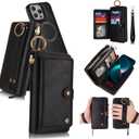 Compatible for iPhone 15 Phone Case Wallet for Women MenWristlets Zipper Leather Wallet Flip CaseRFID Blocking Card Holder,Detachable Magnetic Cover Case.Black