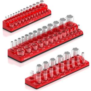 Olsa Tools Magnetic Socket Organizer - 3-Piece Drive SAE Socket Holder Set with Strong Magnets - Professional Tool Holder and Organizer - Stores up to 68 Sockets - Red - Part: 1150