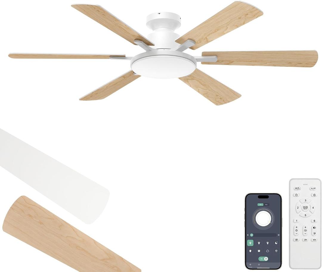 52 Inch Ceiling Fans with Lights, 6 Double Sided Blades, Ultra Quiet Reversible DC Motor, Remote & APP Control, 6 Speeds, 3CCT Dimmable LED with Memory Function, Flush Mount for Living Room, White