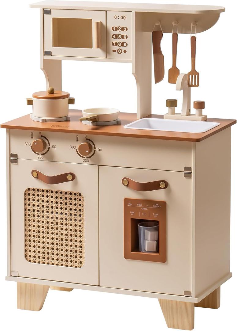 ROBUD Kids Kitchen Playset, Mocha Montessori Wooden Play Kitchen with Ice Dispenser, Pretend Toddlers Kitchen Toy with Accessories, Baby Gift for Ages 3 4 5 6 7 8