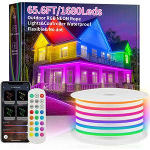 65.6ft Neon Rope Lights,RGB LED Neon Outdoor Strip Lights Waterproof，APP Remote Control Music Dimmable,84LED/m LED Rope Lights for Outside,Neon Lights Pool Deck Yards Christmas Indoor Outdoor Décor