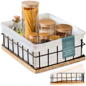 Metal Baskets for Organizing - Toiletries Black Metal Basket with Liner, Wooden Decorative Baskets for Home Decors, Bathroom Decor & Kitchen Decor, Bin Wire Basket Storage (X-Large)