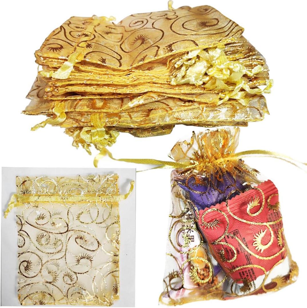 100Pcs Sheer Drawstring Organza Bags 3.5"x4.7"(9x12cm) Small Mesh Gift Gold Bags Jewelry Pouches Sachet Wedding Party Christmas Favor Bags Candy Small Business