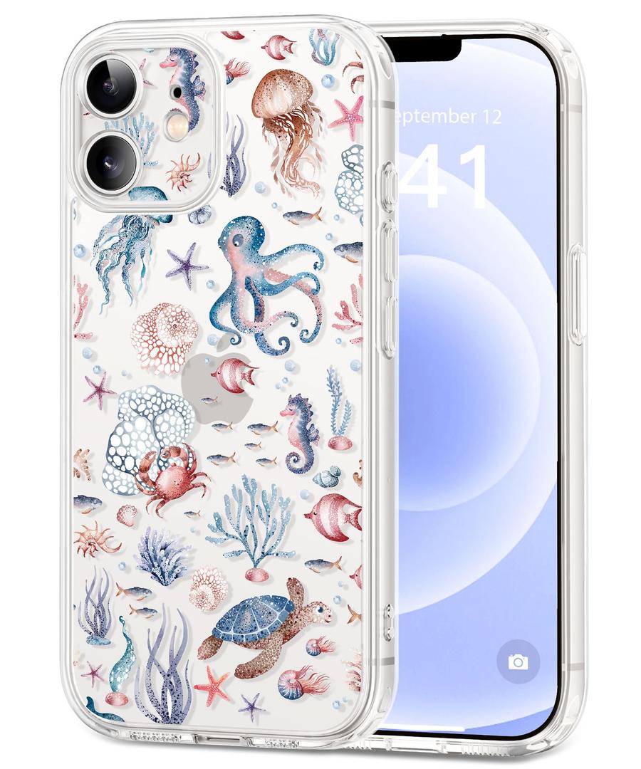 Dibrell for iPhone 15 Plus Case, [Full Camera Protection] [Not Yellowing] [Military-Grade Drop Protection] Cute Clear Slim Shockproof Protective Phone Cover for Women Girls 6.7", Sea Turtles/Blue