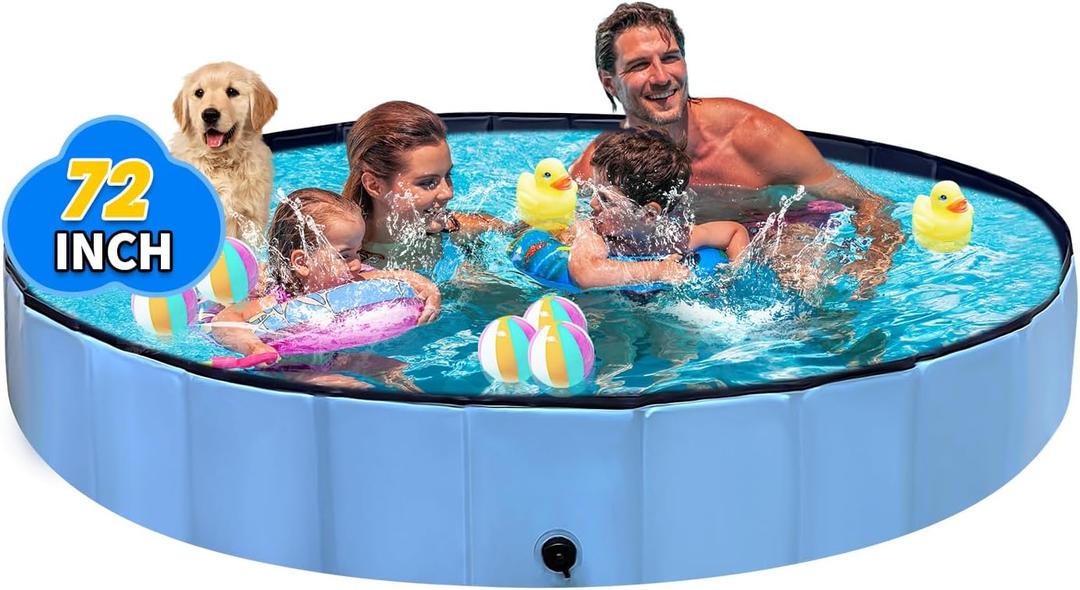 Foldable Dog & Kids Pool, 72" Blue Plastic Bathing Tub, Collapsible Swimming Pool for Toddlers 1-3