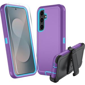 for Samsung Galaxy S25 FE Case, Heavy Duty case, [Belt Clip Holster] [Glass Screen Protector] [Military Grade Protective ] [Shockproof] [Dropproof] [Dust-Proof] (with Belt Clip, PurpleSky Blue)
