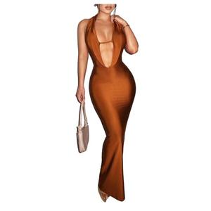 Floerns Women's Deep V Neck Sleeveless Bodycon Dress Draped Front Pencil Maxi Dress Brown Medium