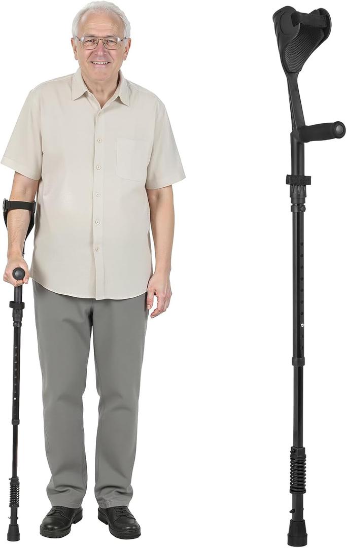 Ergonomic Forearm Crutches Spring Assist Crutches for Adults,Comfortable and Height Adjustable Arm Crutches Forearm with Anti-Slip Base,Walking Crutches with Cuffs, Not a Pair (Black), 38.6" to 47.8"