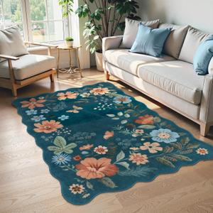 Lahome Floral Machine Washable Rug, 3x5 Rug Non Slip Soft Bedroom Rugs for Entryway Dorm, Ultra-Thin Boho Rugs for Living Room Stain Resistan Throw Carpet for Nursery Entrance, Navy Blue