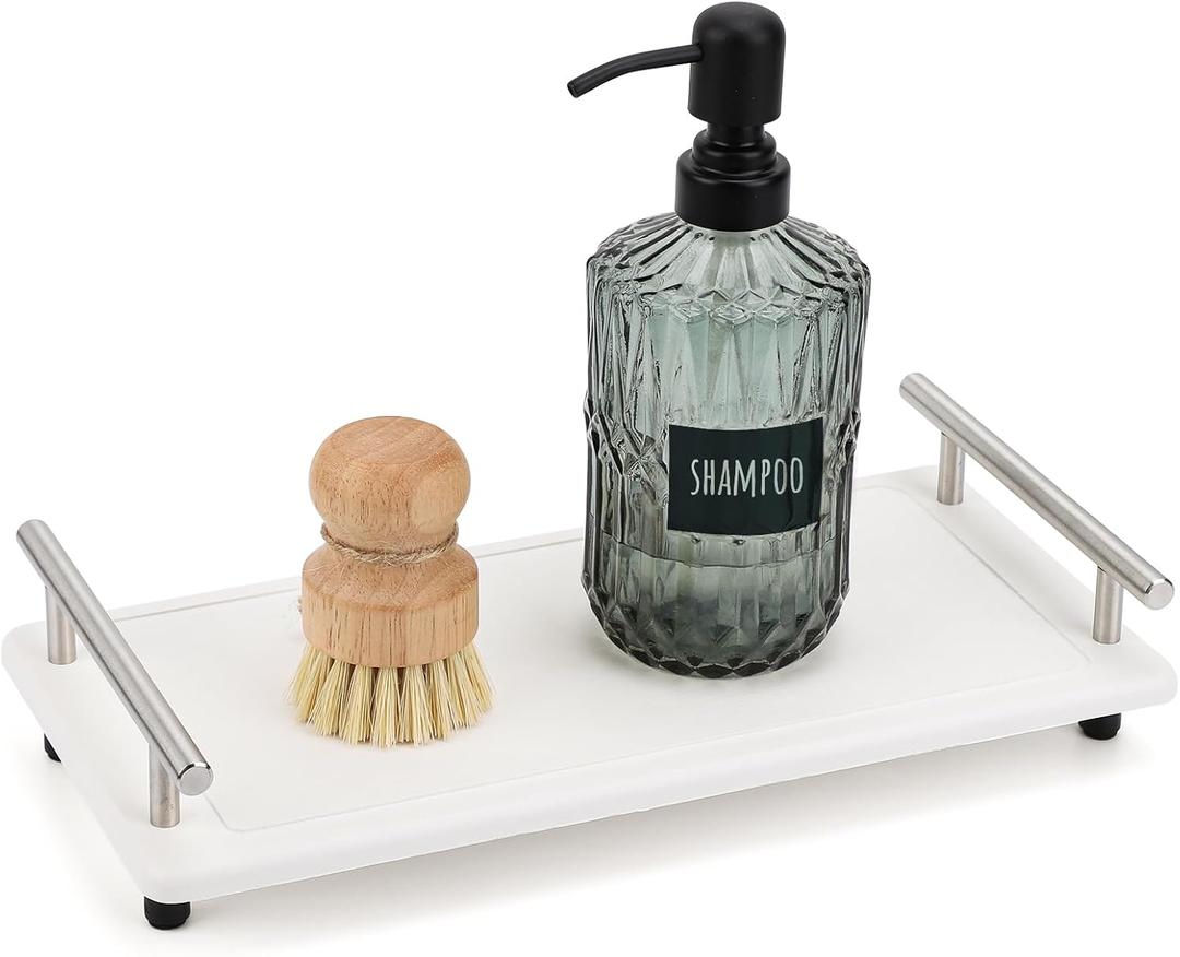 Segbeauty 12x6in Quick Dry Stone Sink Tray, Water Absorbent Instant Drying Diatomite for Bathroom, Countertop Organizer Rack Kitchen Caddy, Soap Dispenser Vanity Trays (White-silver)