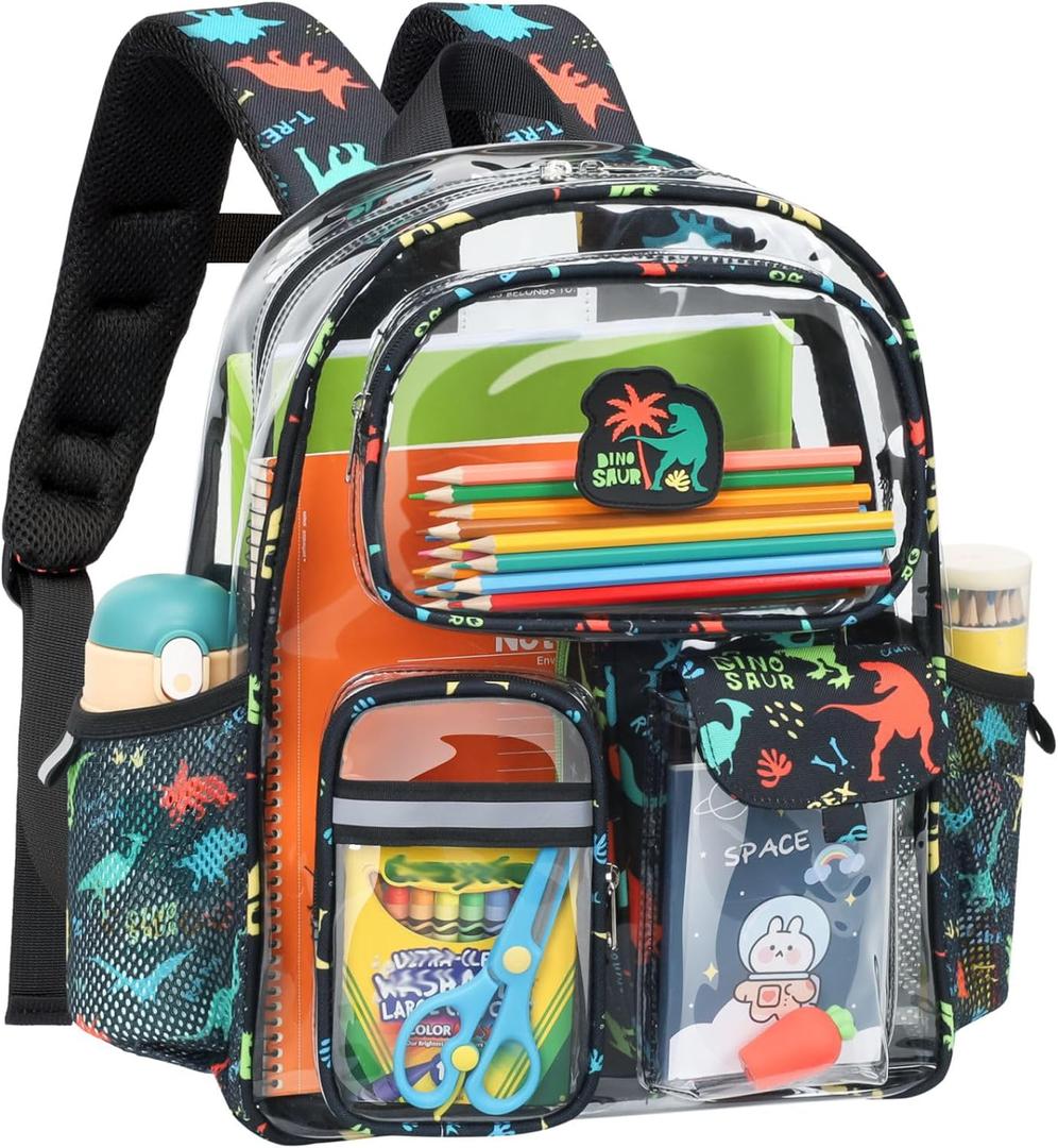 Clear Backpack for Boys - 15 Inch Heavy Duty Kids Backpacks for School, Clear Transparent Bookbag with 3 Front Pockets for Kids Aged 3 to 8, Black Dinosaur
