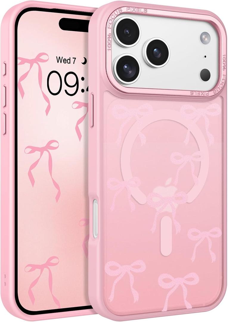 BENTOBEN Magnetic for iPhone 17 Pro Max Case with Cute Ribbon Bows Pattern, [Compatible with MagSafe] Translucent Matte Anti-Slip Slim Women Girl Protective Cover for iPhone 17 Pro Max 6.9", Pink