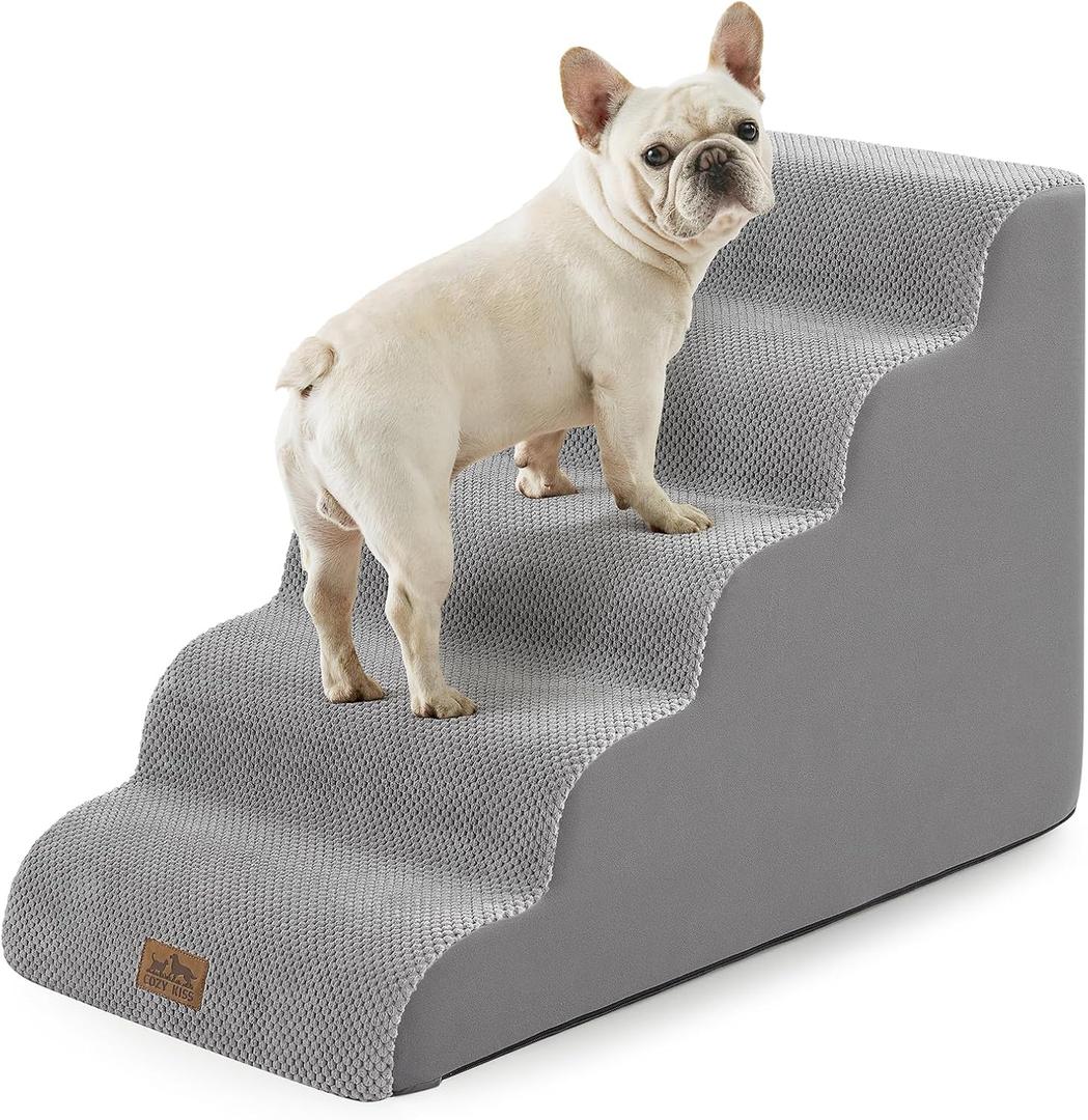 Dog Stairs for Small Dog 22.6" H, Curved Pet Step for Puppy, Older Cat, Medium Pet Ramp for High Bed, Ladder with High Density Foam, Durable, 5 Step, 15.7x33x22.6 inch, Grey