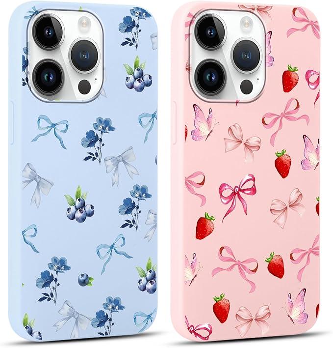 2 Pack Cute Bow Phone Cases for iPhone 13/iPhone 14 6,1'', Exquisite Aesthetic Ribbon Bowknot Pattern Case for Women Girls Soft Slim Protective Shockproof Anti-Fall TPU Bumper Cover - Bow Fruit