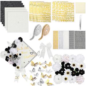Wavwavw 68 Pcs DIY Graduation Cap Decorations Kit, Faux Flowers 3D Butterfly Bow Self Adhesive Rhinestones and Alphabet Letter Stickers for 2026 Grad Cap Topper Decor Graduation Party(Black White)