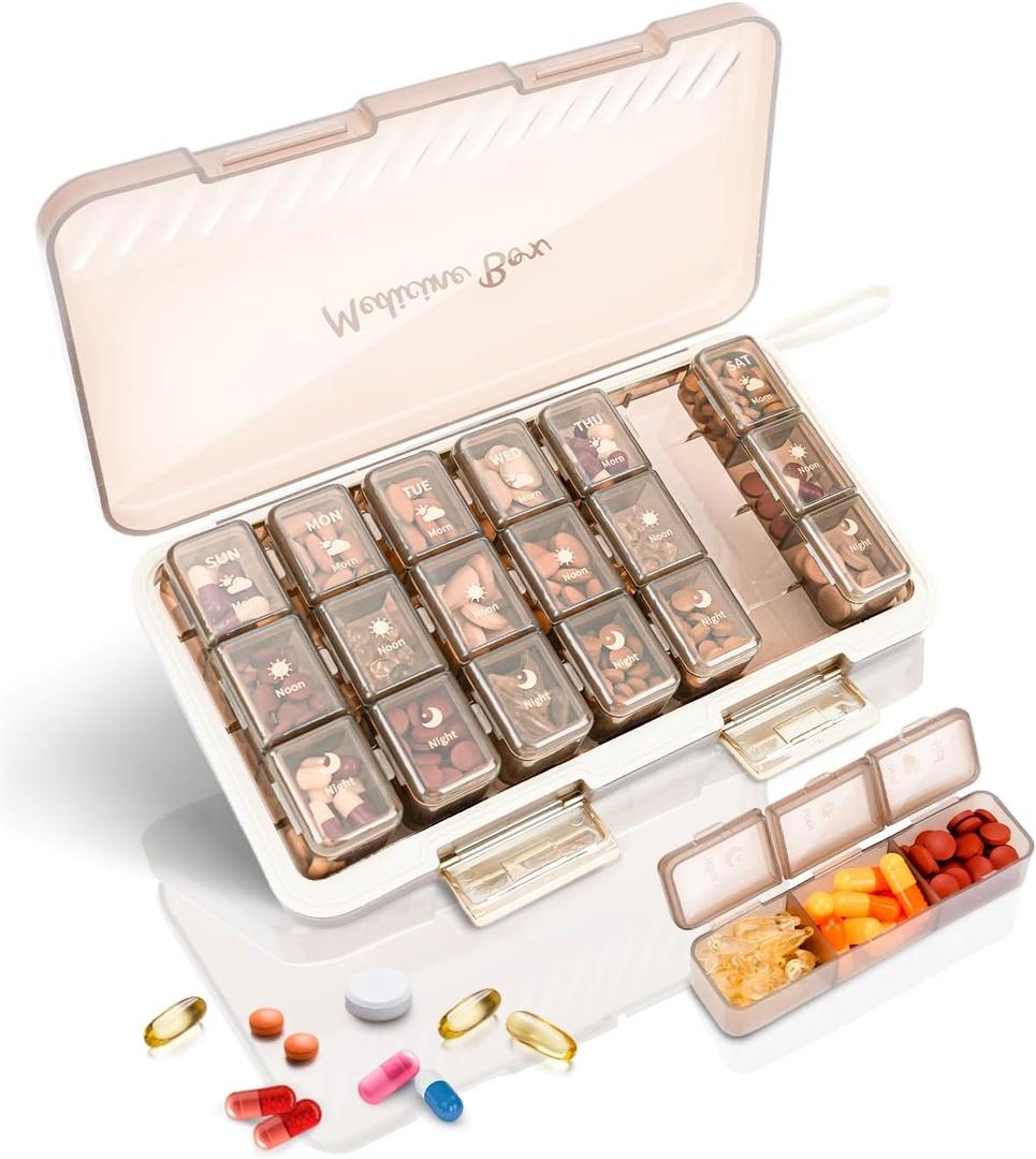 Pill Organizer 3 Times a Day, Cisrgo Weekly Pill Box, Large 7 Day Pill Organizer, Portable Family/Travel Medicine Case for Pills, Vitamins, Fish Oil and Supplements, Brown