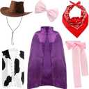 Mepase 6 Pcs Halloween Couple Cowboy Costume Couple Outfit for Men Women Includes Purple Cape Shepherdess Belt Pink Bow Hairpin Western Cowboy Hat Cow Pattern Vest Fits Halloween Cosplay medium