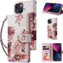 UEEBAI Wallet Case for iPhone 13, PU Leather Phone Cover Kickstand RFID Blocking Flip Case Card Slots Wrist Strap Relief Engraved Pattern Magnetic Closure Flower Folio Wallet, White Flower