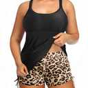 Holipick Leopard Women Plus Size Tankini Swimsuits Athletic Two Piece Tummy Control Bathing Suits with Drawstring Shorts 26W, Black,  Leopard