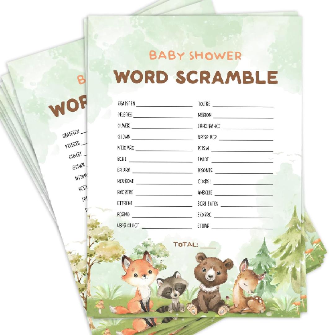 GardenCity Baby Shower Word Scramble Game Cards, Woodland Baby Shower Games for Boy or Girl, 50 Pack, Woodland
