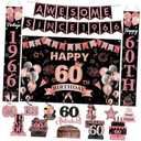 60th Birthday Party Decorations Women - 16 Pcs Black Rose Gold Banner Backdrop Porch Door Sign Hanging Swirls Fabulous Cake Topper Table Centerpieces For Vintage 60 Year Old Party Decor