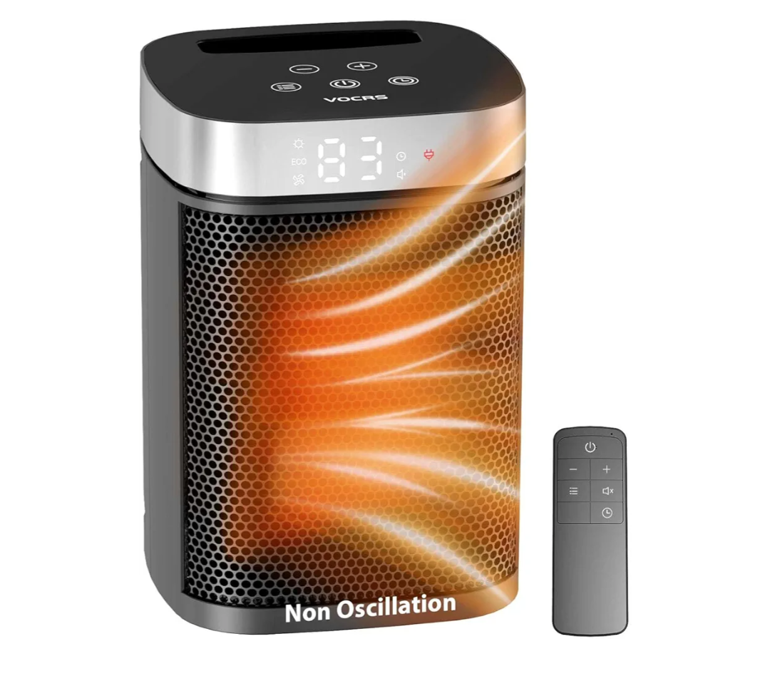 Small Portable Space Heater for Indoor Use - VOCRS 1500W PTC Electric Heater with Thermostat, Remote Control, 12H Timer, Eco and Fan Mode, Rapid and Safe Heating for Bedroom, Office