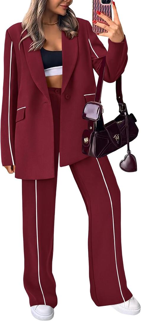 PRETTYGARDEN Women's Fall Spring 2 Piece Blazer Outfits Business Casual Oversized Jacket Wide Leg Work Pants Dressy Suit Set (Medium, Wine Red)