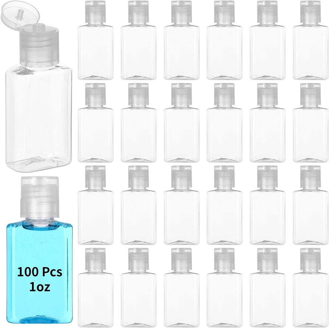 Lnrueg 100 Pcs 1 oz Travel Bottles - Hand Sanitizer Bottle Mini Clear Bottles with Flip Caps, Portable Empty Refillable Containers for Shower Gel, Face Creams, Body Lotions,Clear (White)