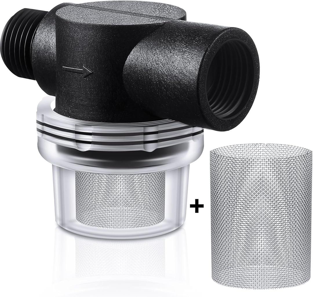 Honoson 2 Pcs Water Pump Strainer Filter Set Include Twist on Pipe Filter and Extra 50 Mesh Stainless Steel Screen, Rv Replacement 1/2 Inch Twist-on Pipe Strainer Compatible with WFCO or Shurflo Pump