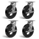 Caster Wheels, 8" Heavy Duty Industrial Casters, No Noise Rubber Wheel on Cast Iron, Set of 4 Swivel Casters with Brake (4 Pack Brake)