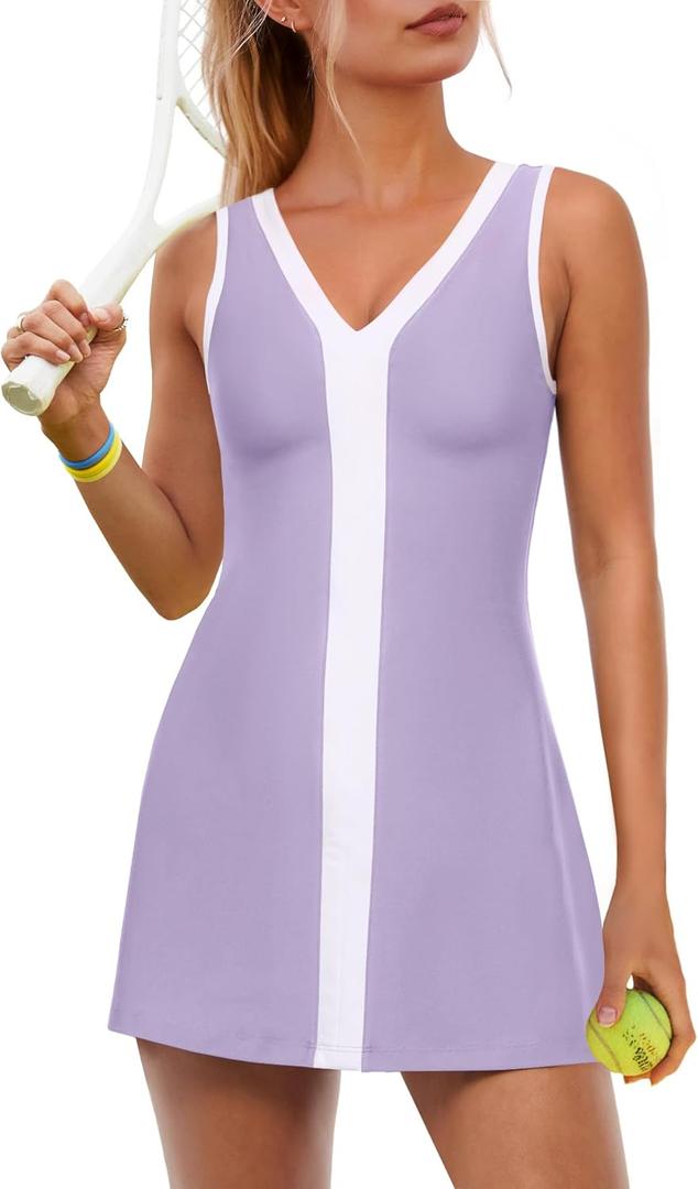 ReachMe Womens Tennis Dresses with Shorts Golf Outfits Athletic Dresses Active Workout Dress Activewear (Large, Purple)