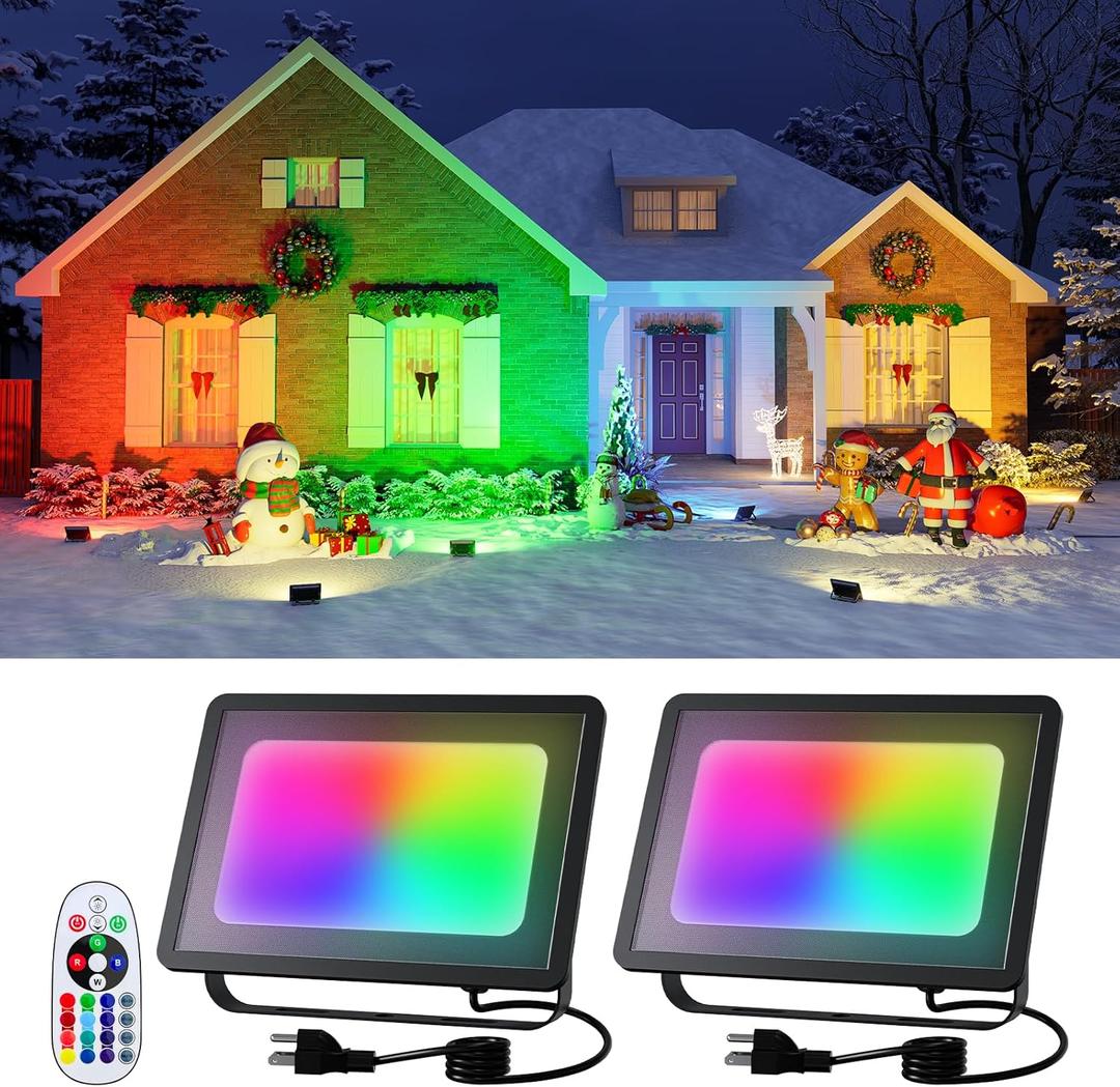 2 Pack 50W Led Flood Lights 500W Equi Color Changing with Remote Waterproof 16 Multicolor RGB Lamp Indoor or Outdoor Up Lighting for Garden Decoration, House Wall, Yard Plants, Holiday Ambiance Decor