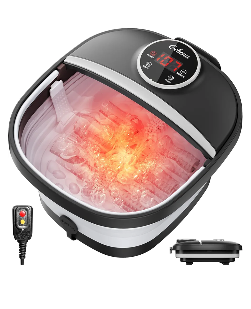 GEHONA Collapsible Foot Spa Bath with Heat, Foot Massager with Two Side Supports, Leakage Protector, Temperature Control, Bubbles, Red Light, Timer, Feet Soaker, Gifts (Deep Black)