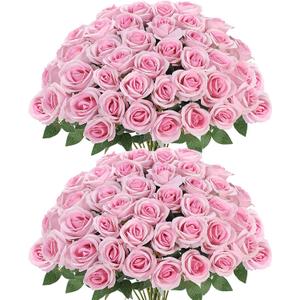 Sggvecsy 50 Pcs Artificial Roses Fake Flowers Velvet Silk Roses with Stems Bulk Realistic Faux Flowers for Bridal Bouquets Wedding Centerpieces Valentines Day DIY Home Party Decor (Pink)