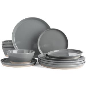 Famiware Saturn Dinnerware Sets, 12 Pieces Dish Set, Plates and Bowls Sets for 4, Dark Gray