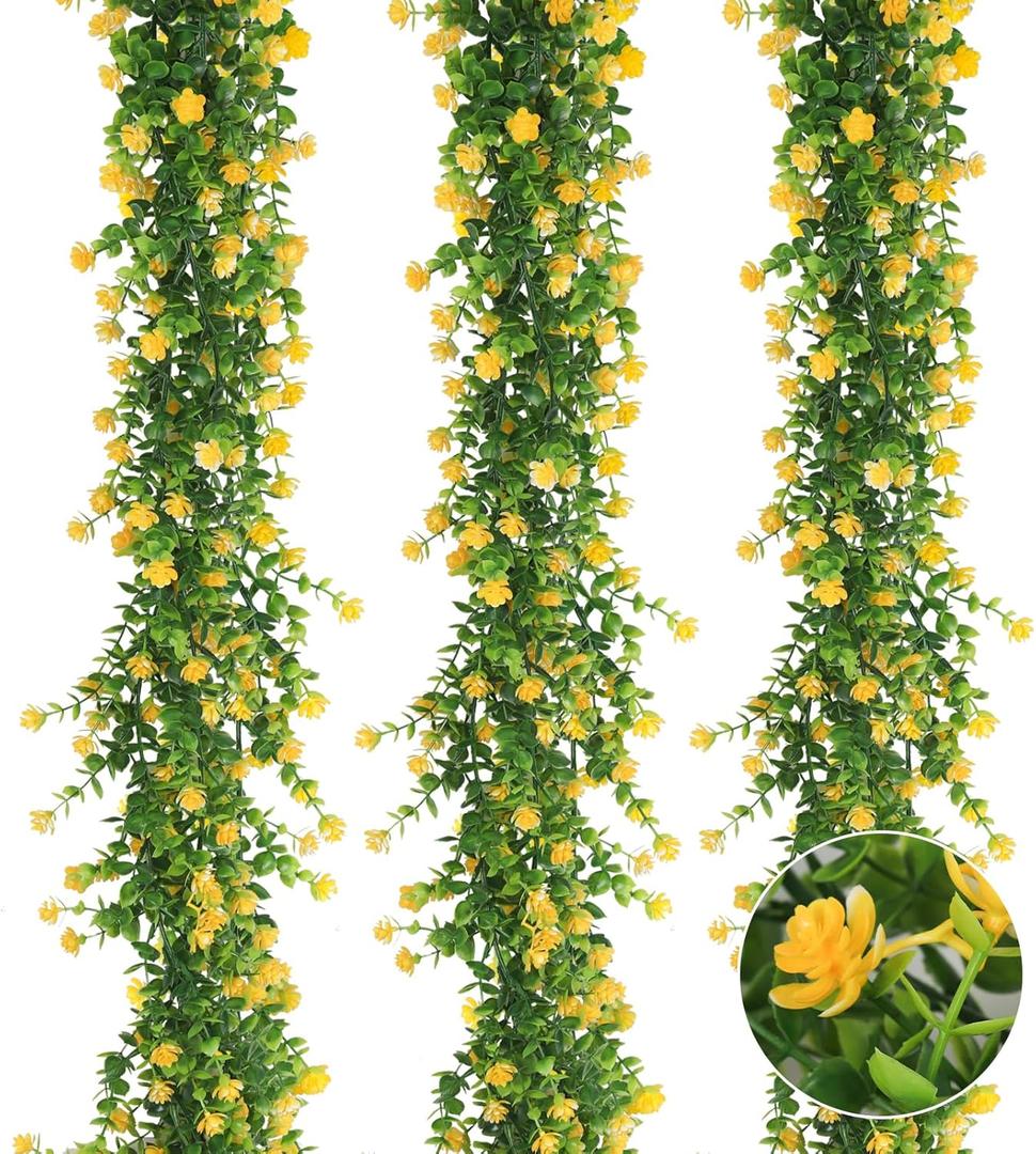 RECUTMS Hanging Garland Plants Artificial Eucalyptus Garland Fake Hanging Eucalyptus Leaf Garlands with Flowers Faux Vine Plants for Indoor Outdoor Autumn Thanksgiving Wall Arch Wedding Decor(Yellow)