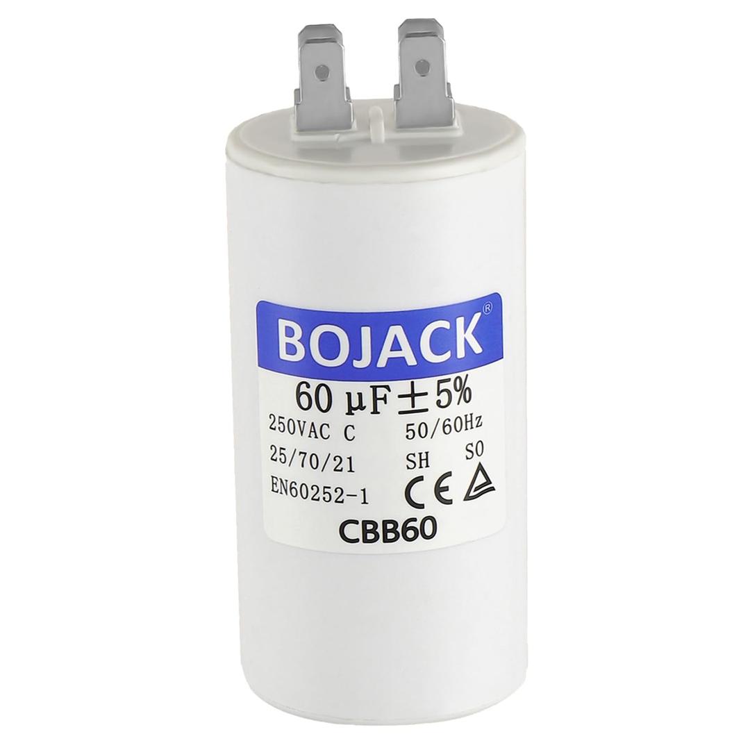 BOJACK CBB60 60uF5% 250 Volt 50/60Hz AC Capacitor Round Run Start Capacitor with Two Sets of Inserts for AC Motor Run Condenser Straight Cool Heat Pump Pool Pump or Air Conditioner