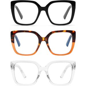 DOOViC 3 Pack Oversized Reading Glasses for Women Blue Light Blocking Square Stylish Computer Readers (3 Colors-s4)