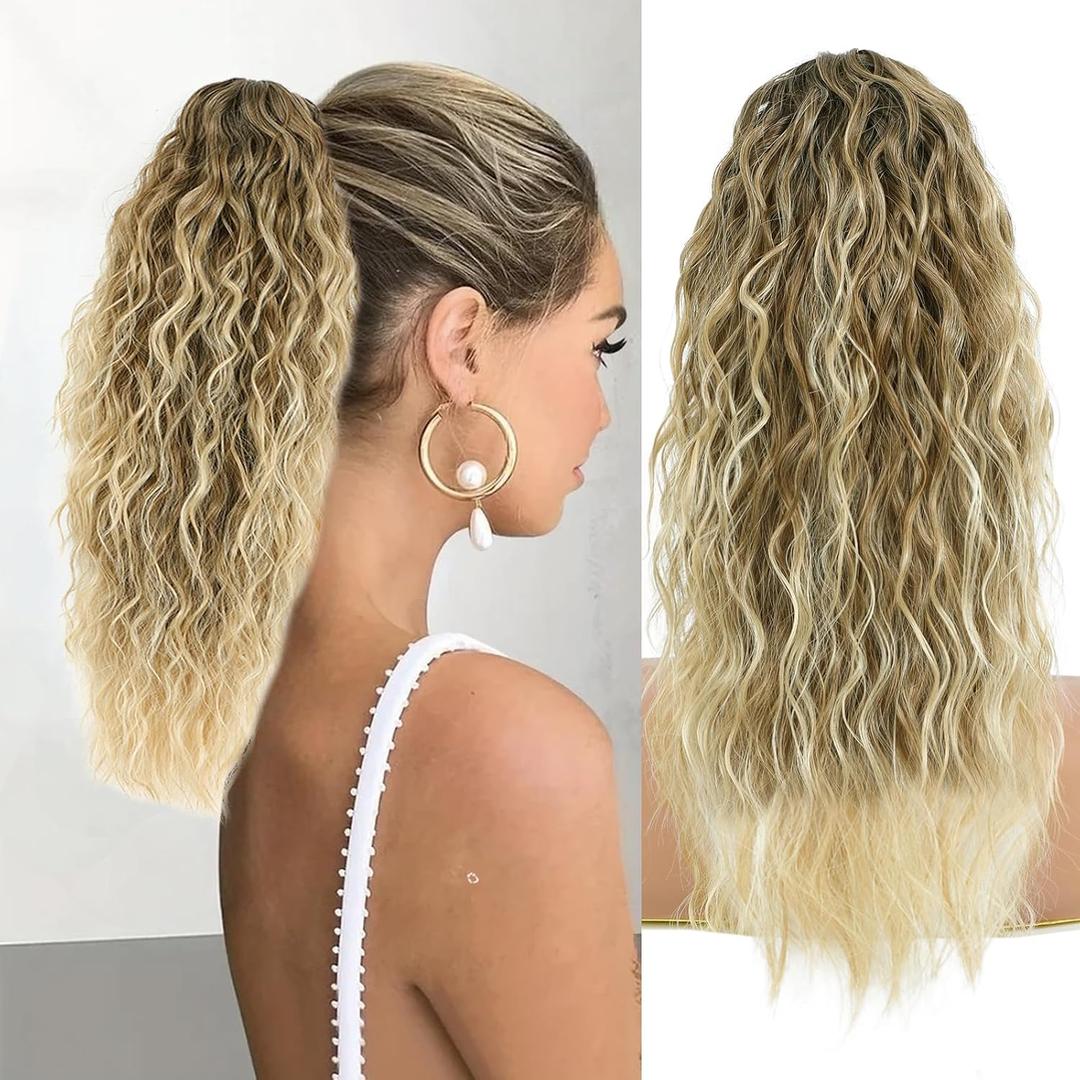 Ponytail Extension, Claw Clip on Pony tails Hair Extension for Women 18 Inch Long Wavy Curly Fake Ponytail Clip in Hair Pieces for Women Fluffy Natural Looking (Ombre Brown To Blonde, 18 Inch)