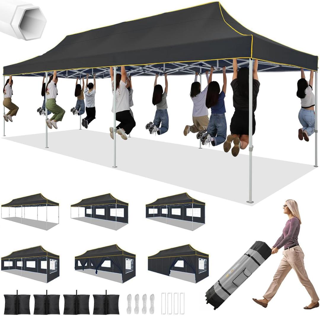 HOTEEL 10x30 Heavy Duty Pop up Canopy Tent for Parties with 8 Sidewalls, Easy Setup Outdoor Commercial Instant Gazebo for Wedding Event, with Portable Bag & Sand Bags, Black(Hexagonal Frame)