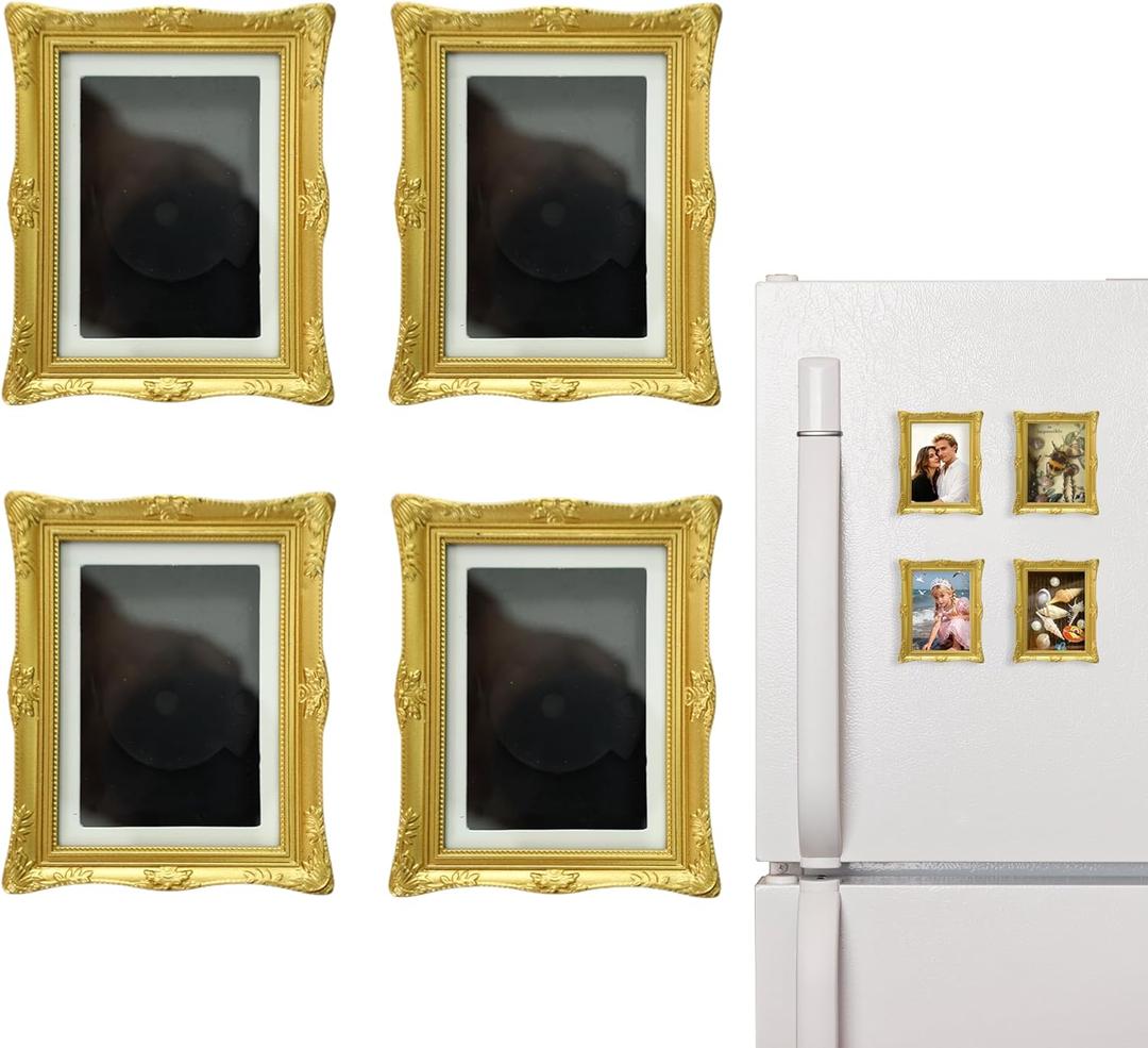 4 Pack Magnetic Picture Frames for Refrigerator - 3"x2" Vintage Mini Gold Photo Frames(Dimensions with Card Size2.4" X 1.6"), Antique Ornate, Paintings, Kitchen Decor, Home & Office Decorative Gift (Classic Gold)