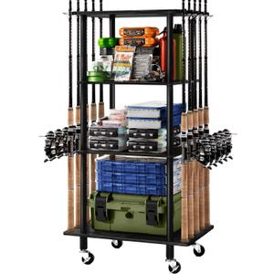 Ghosthorn Fishing Rod Holders for Garage Fishing Pole Rack Hold up to 10 Rods Fishing Pole Holders Wooden Organizer Fishing Rod Rack Car Fishing Gear Storage Equipment (Black, 4 Tier)