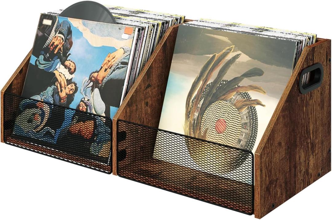 Vinyl Record Storage Double-Compartment 27.6" Record Holder with Metal Mesh File Organizer, Photo Album Storage Box, for Records, Photo Albums, Magazines, Rustic Brown TCW20BF