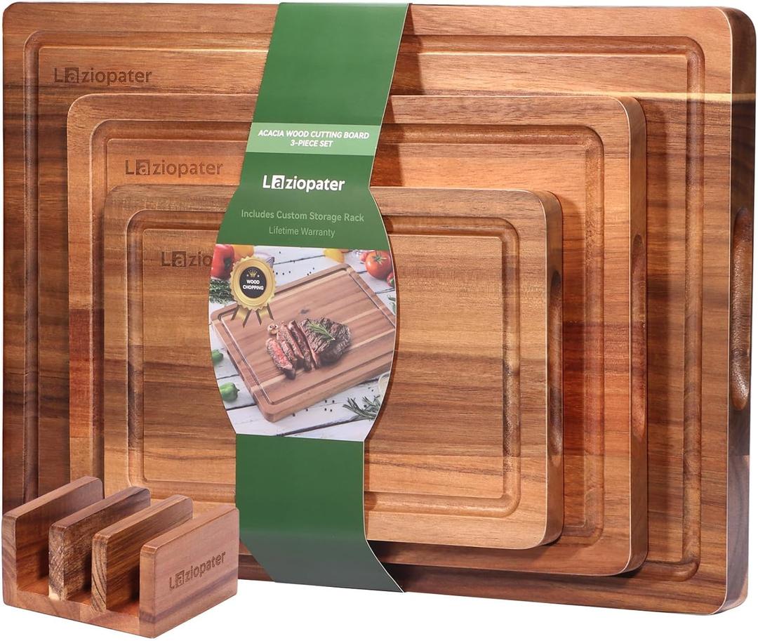 LAZIOPATER Acacia Wood Cutting BoardSolid Wood Cutting Board for Kitchen with Holder with Deep Juice Grooves & Built-in Handles, Durable Wooden Chopping Board Set of 3 for Meat, Vegetables and Fruits