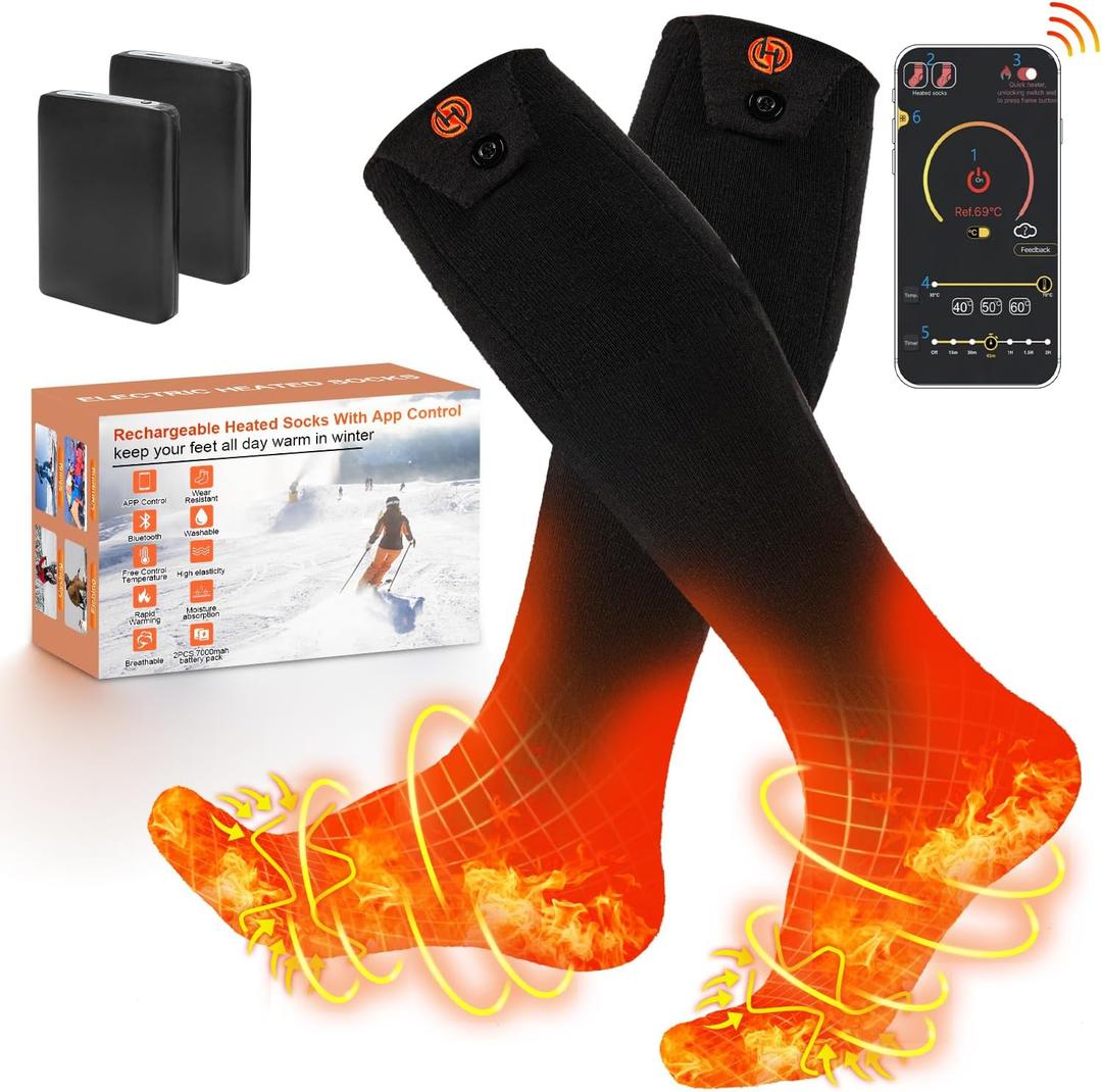 Heated Socks for Men Women APP Control Electric Heating Socks 7000mAh Rechargeable Battery Heate Thermal Socks for Winter Camping Fishing Cycling Skiing Hunting Hiking (Black1-2 Pair, 6-14 USA Size)