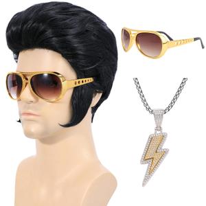 Bettecos 4pcs Set 50s Rock Wig with Sunglasses and Necklace for Men Singer Rocker Costume Wigs for Cosplay Halloween Party (Adults)