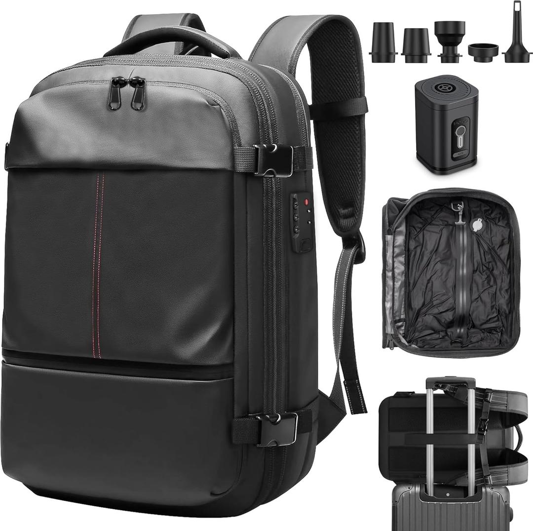 Vacuum Backpack Travel, Vacuum Compression Travel Backpack with Pump, Water Resistant & TSA Anti Theft, Ideal for Travel/Camping/Laptop (With Electric Air Pump & Black)