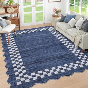 GarveeHome Washable Rug 5x7 for Living Room Large Bedroom Scalloped Rug Non Slip Stain Resistant Modern Border Throw Carpet Soft Boho Rug for Dining Room Nursery Home Office, Blue